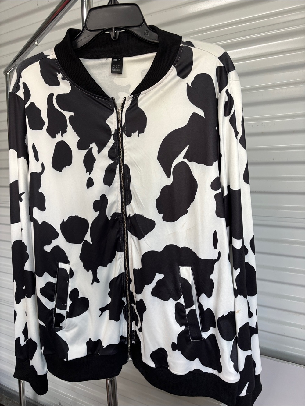 SHEIN Black & White Cow Print Bomber Jacket